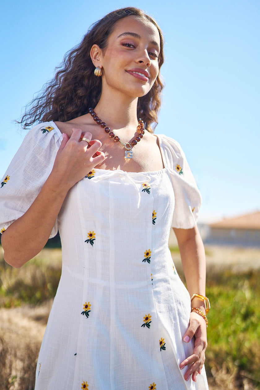 Yumi White Cotton Sunflower Embroidered Midi Dress