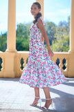 Yumi White Viscose Floral Ruched Waist Midi Dress
