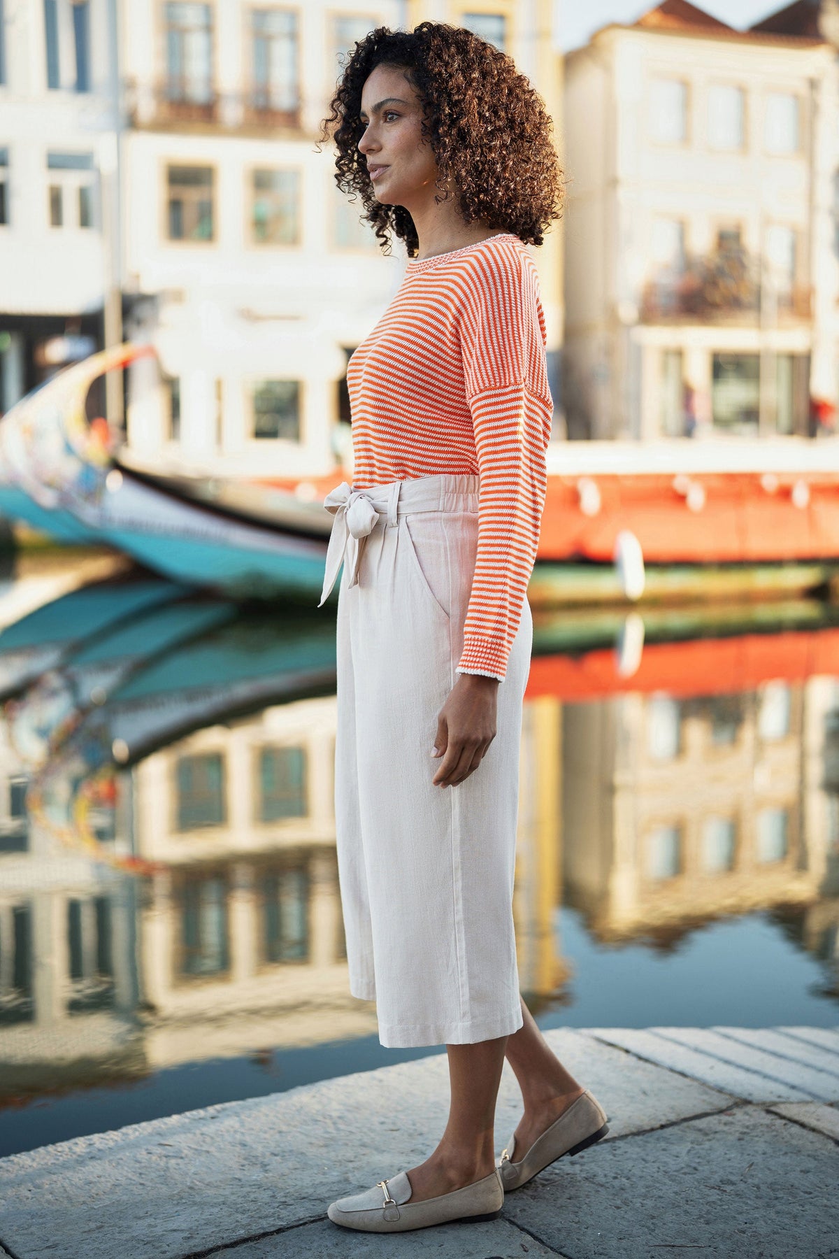 Yumi Natural Linen Mix Cropped Trousers With Tie Belt