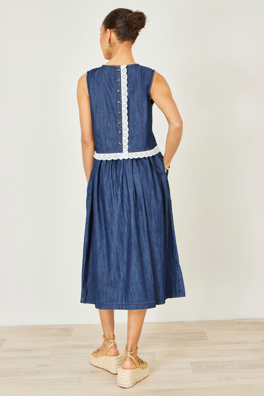Yumi Blue Denim Chambray Gathered Midi Skirt