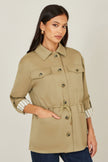 Yumi Green Utility Jacket With Drawstring Waist and Stripe Lining