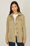 Yumi Green Utility Jacket With Drawstring Waist and Stripe Lining