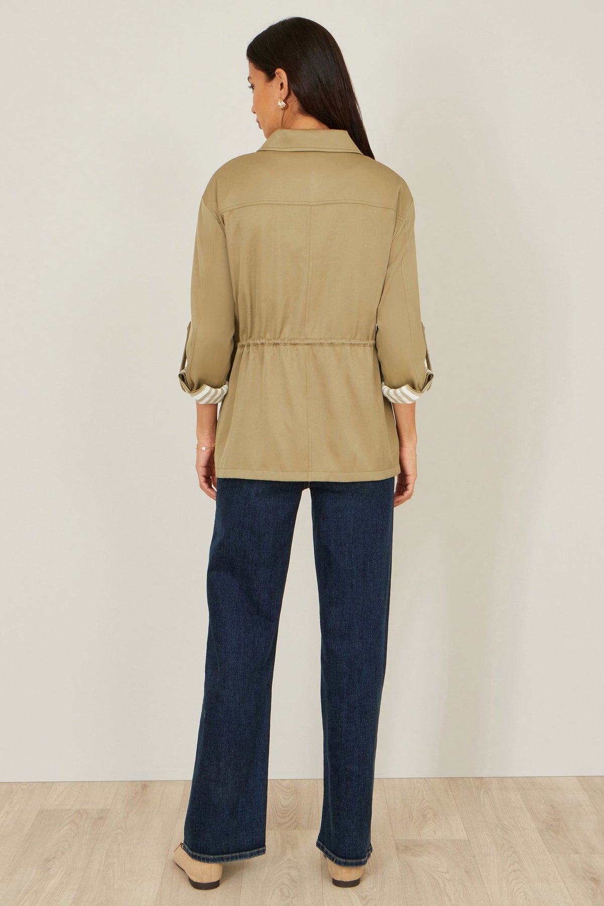 Yumi Green Utility Jacket With Drawstring Waist and Stripe Lining