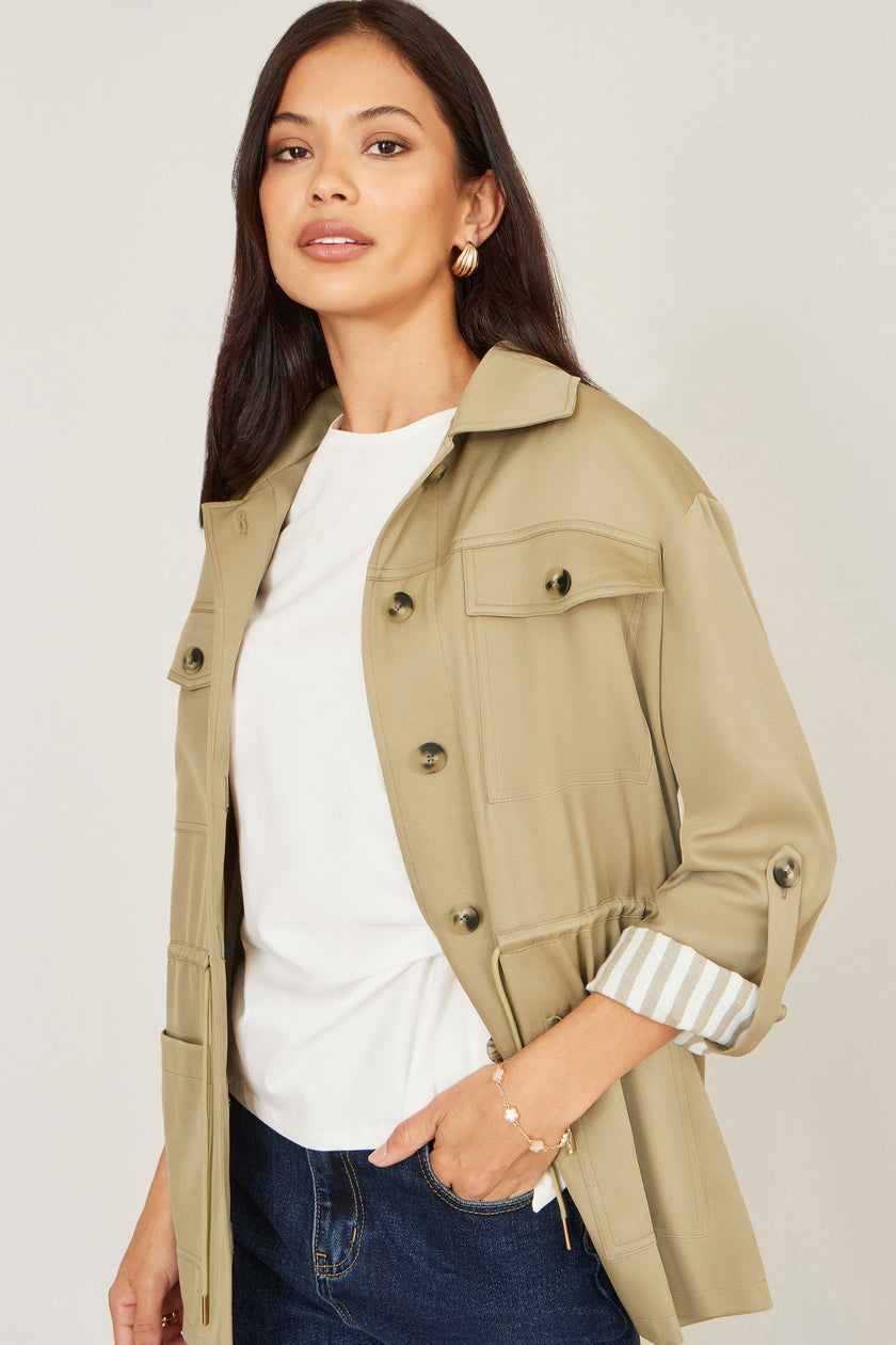 Yumi Green Utility Jacket With Drawstring Waist and Stripe Lining