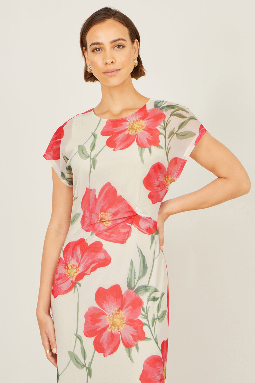 Yumi Ivory Poppy Print Midi Mesh Dress