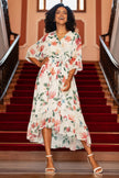 Yumi Ivory Floral Print Wrap Midi Dress With Dipped Hem