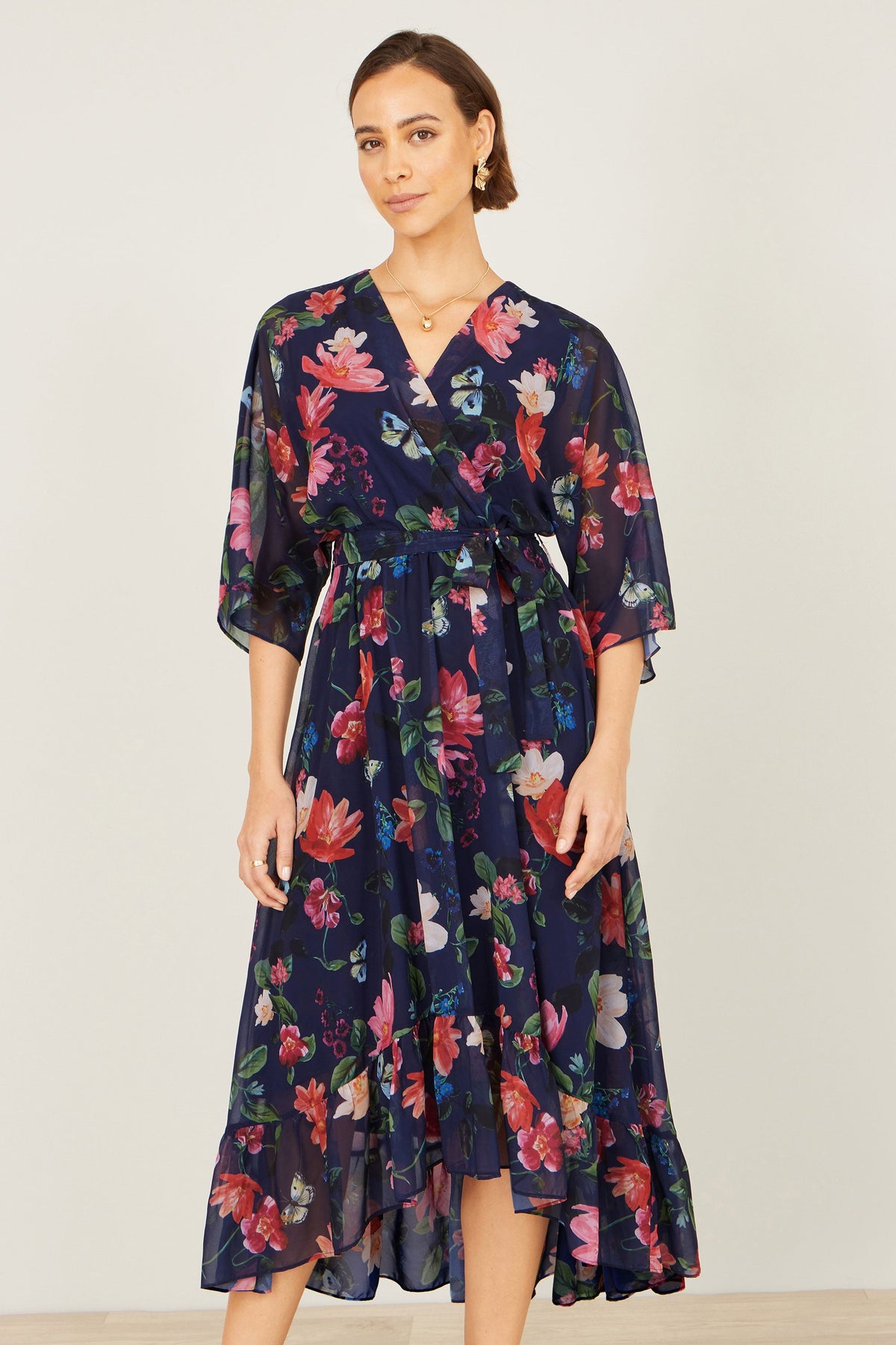Yumi Navy Floral Kimono Wrap Dress With Dip Hem