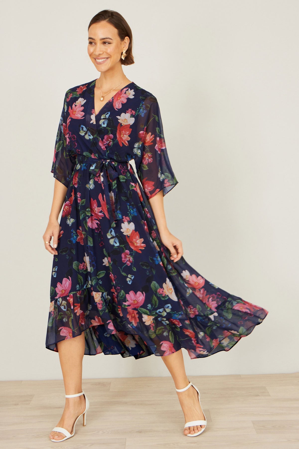 Yumi Navy Floral Kimono Wrap Dress With Dip Hem