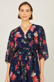 Yumi Navy Floral Kimono Wrap Dress With Dip Hem