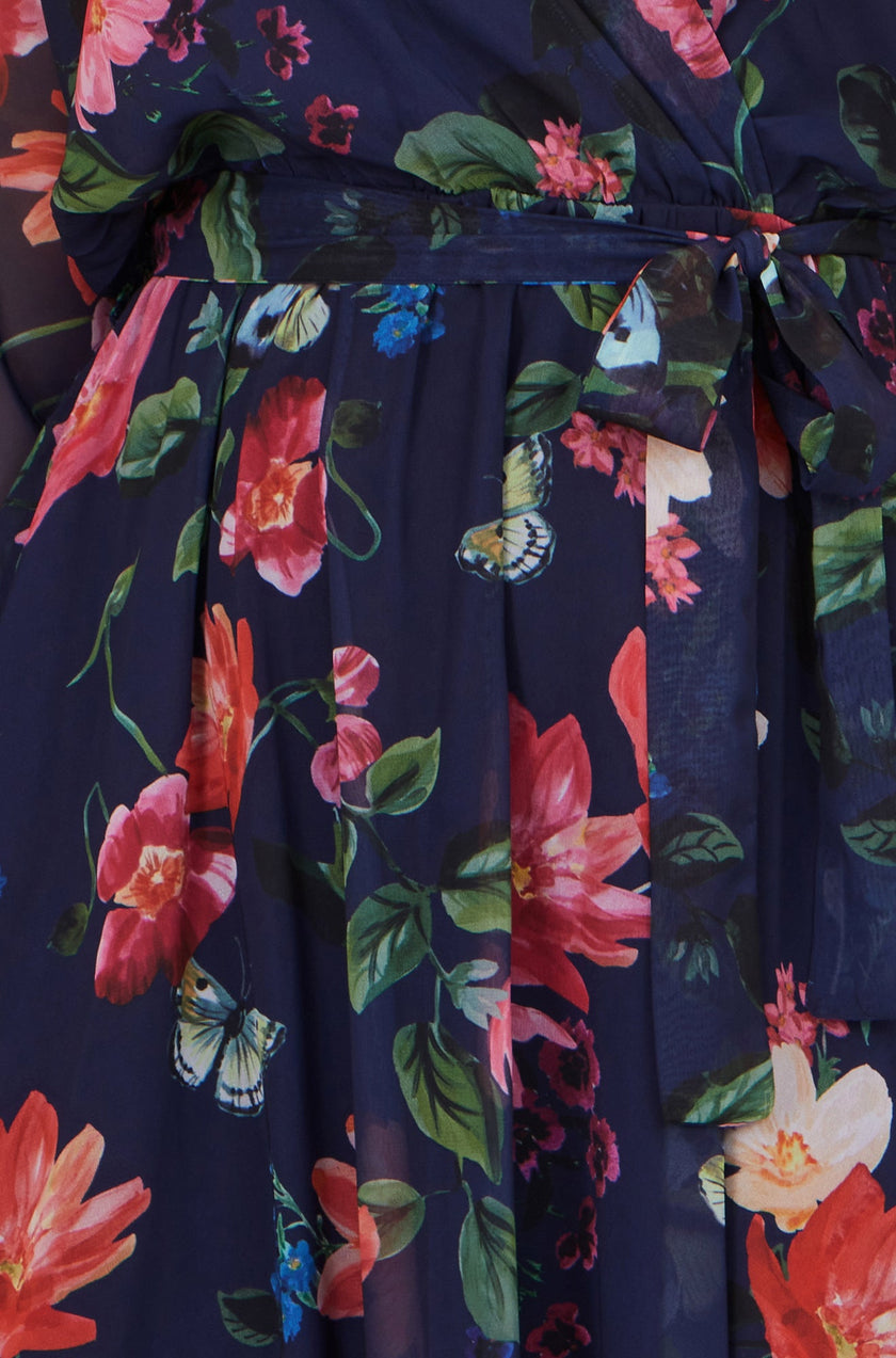 Yumi Navy Floral Kimono Wrap Dress With Dip Hem