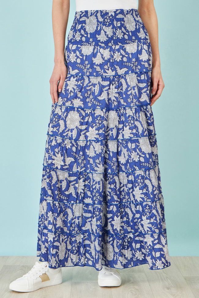 Yumi Blue Floral Cotton Tiered Maxi Skirt