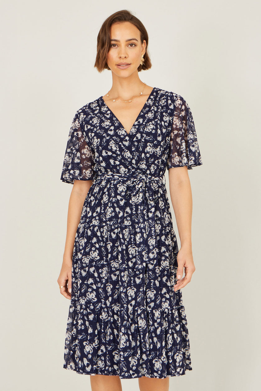 Yumi Navy Floral Mesh Wrap Dress