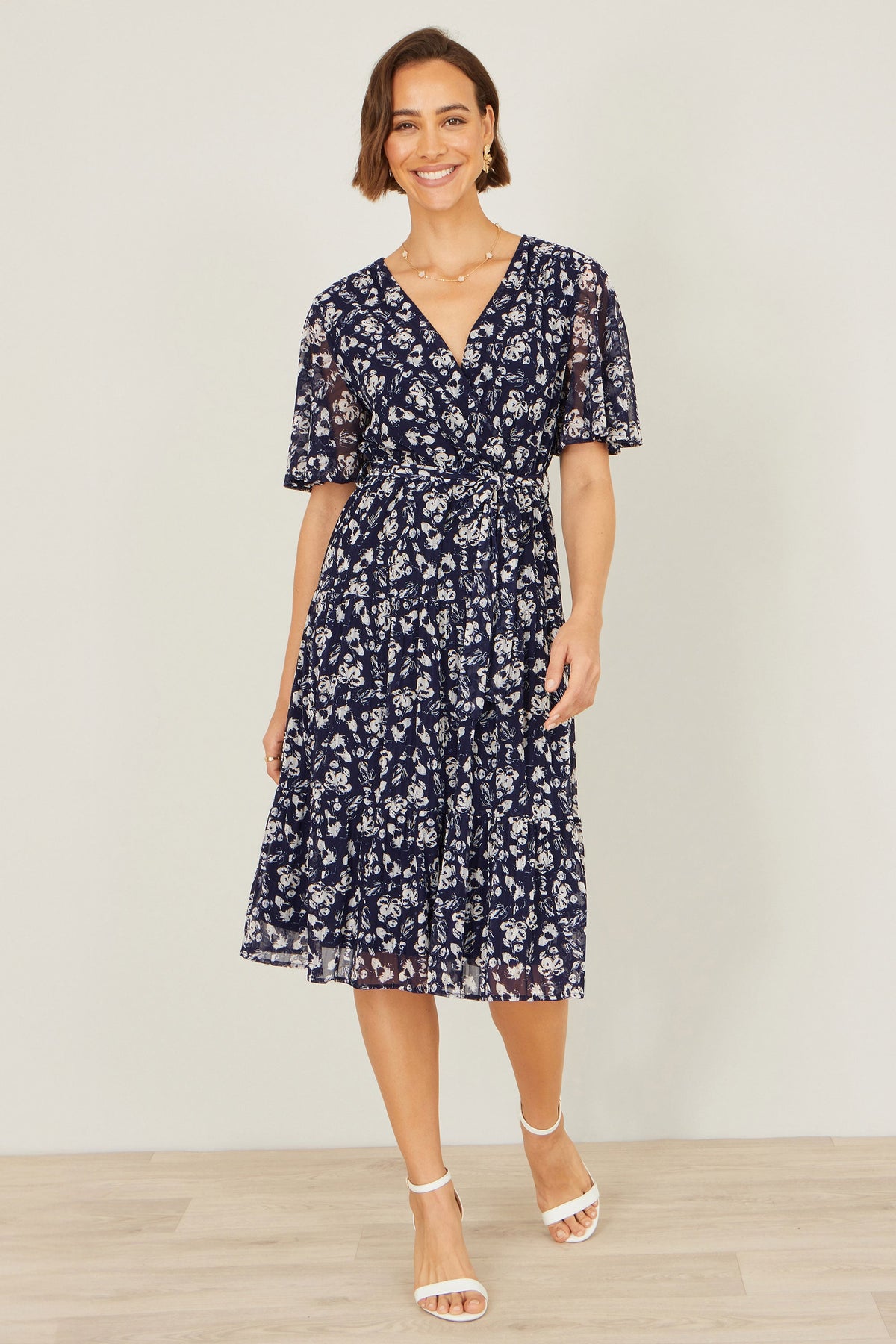 Yumi Navy Floral Mesh Wrap Dress