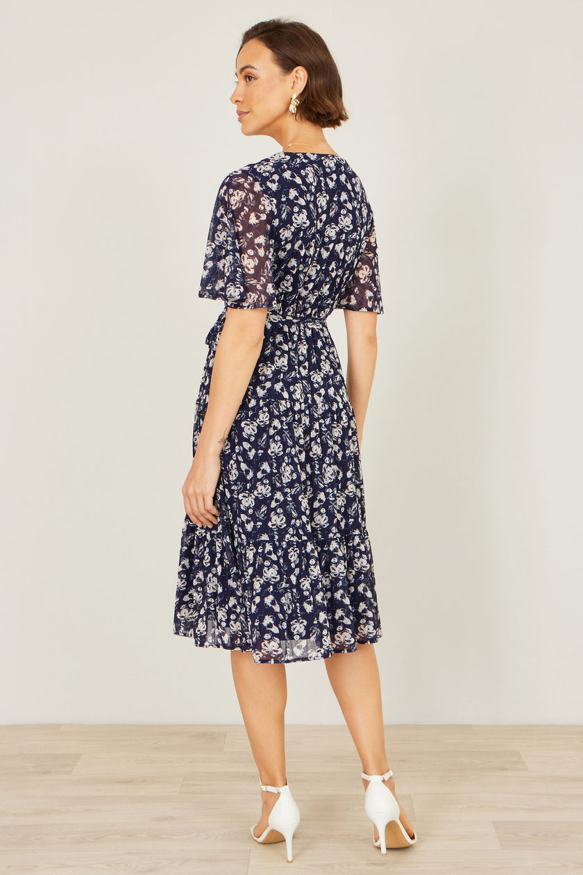 Yumi Navy Floral Mesh Wrap Dress