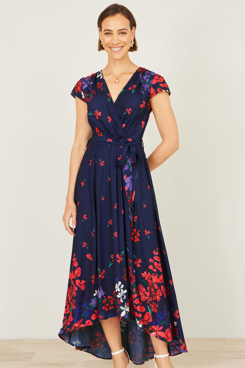 Yumi Navy Floral Mirror Wrap Dress With Dip Hem