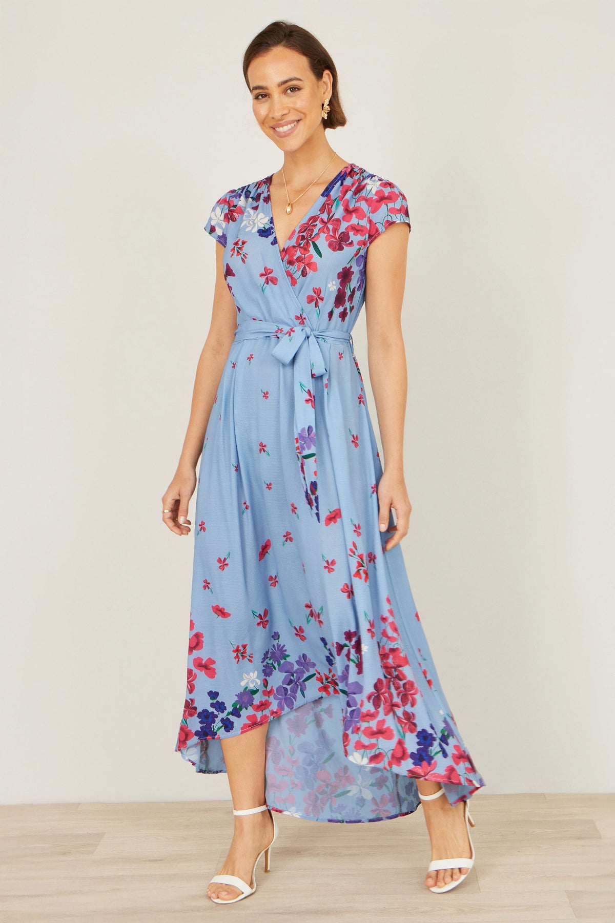 Yumi Blue Floral Mirror Wrap High Low Midi Wrap Dress