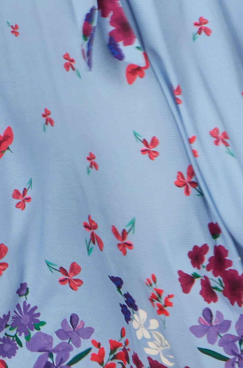 Yumi Blue Floral Mirror Wrap High Low Midi Wrap Dress