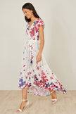 Yumi Ivory Floral Mirror Wrap Dress With Dip Hem