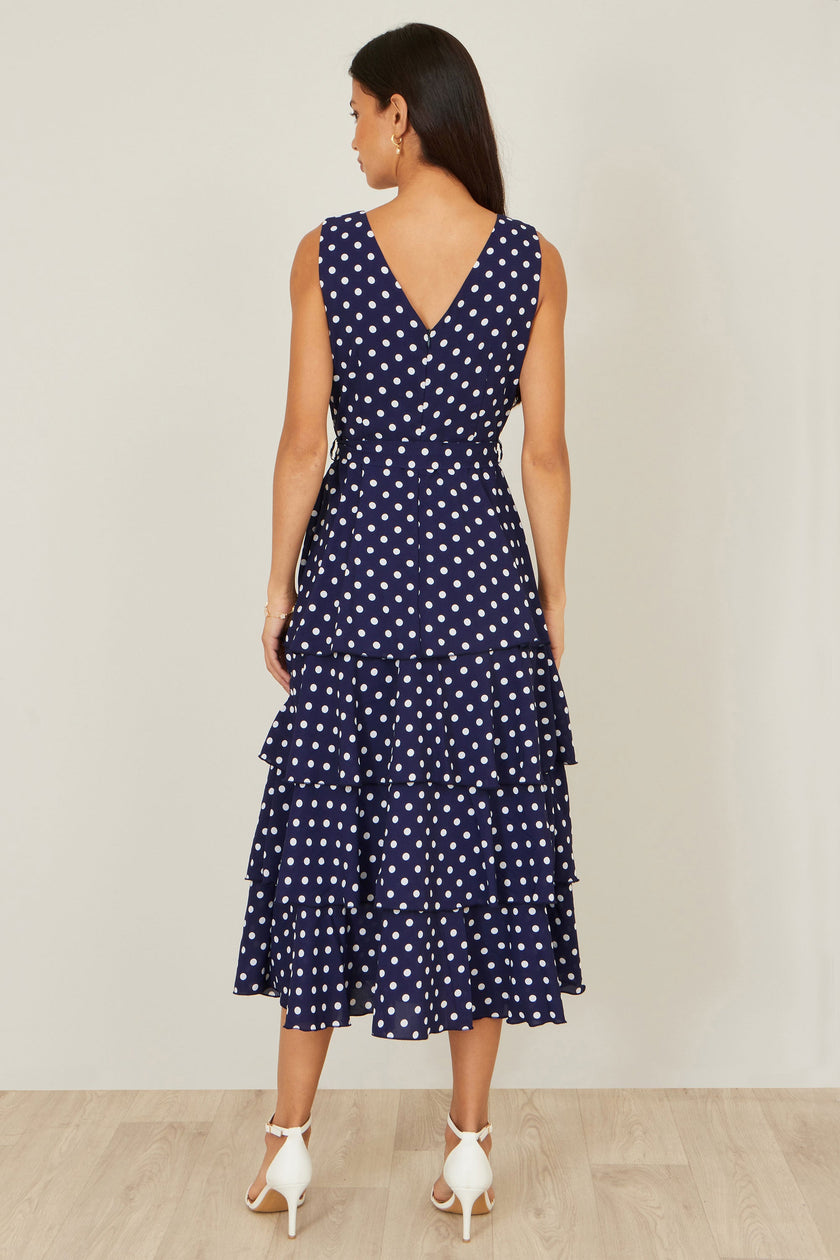 Yumi Navy Spot Tiered Midi Dress