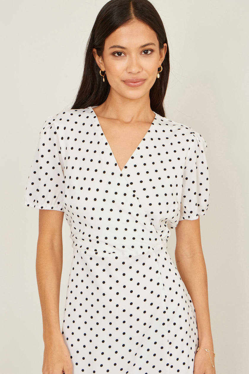 Yumi White Spot Print Wrap Tea Dress