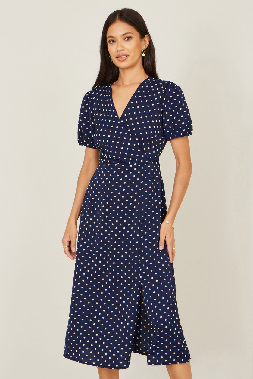 Yumi Navy Spot Wrap Midi Tea Dress
