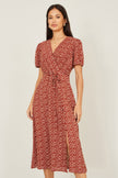 Yumi Brown Spot Wrap Midi Dress