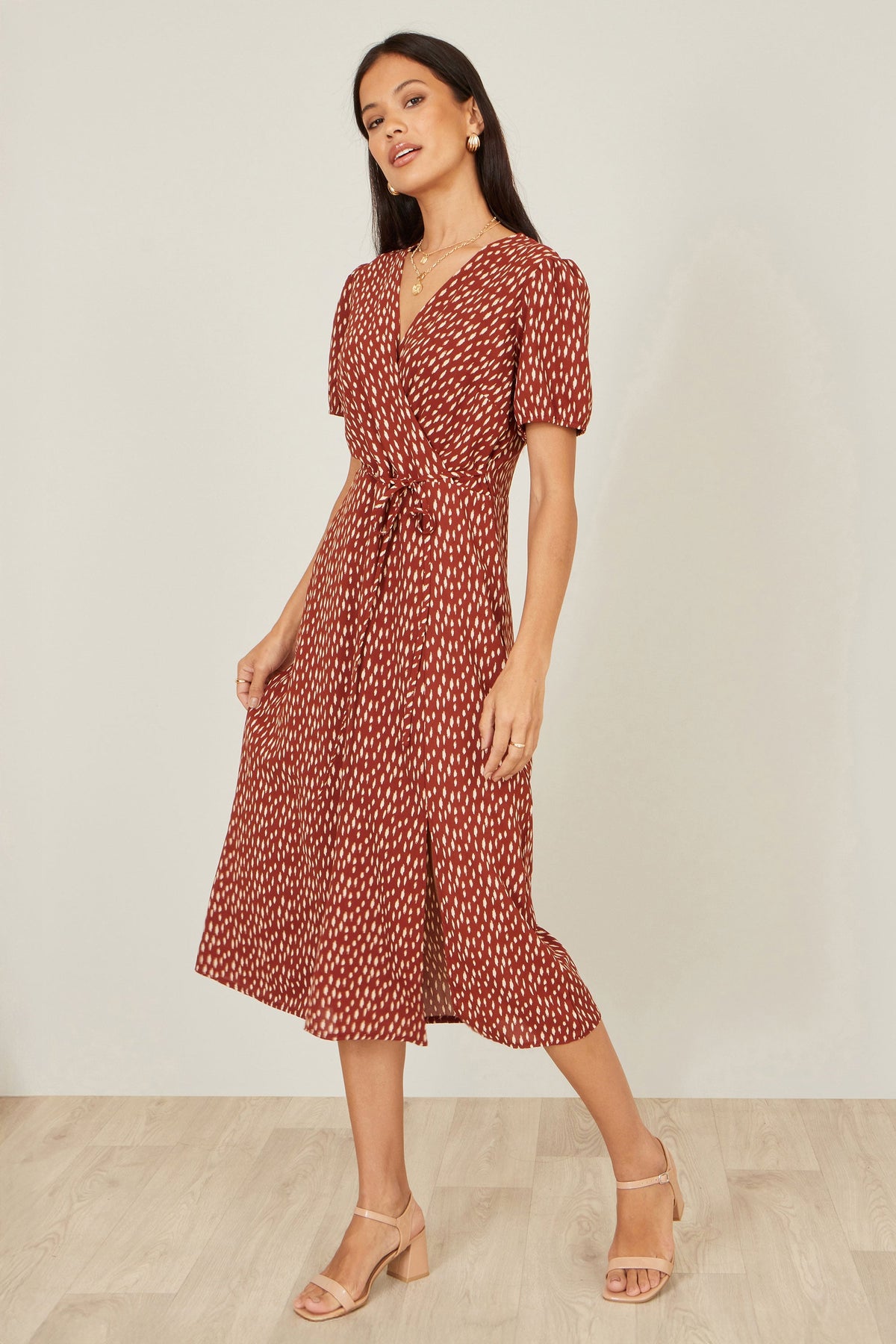 Yumi Brown Spot Wrap Midi Dress