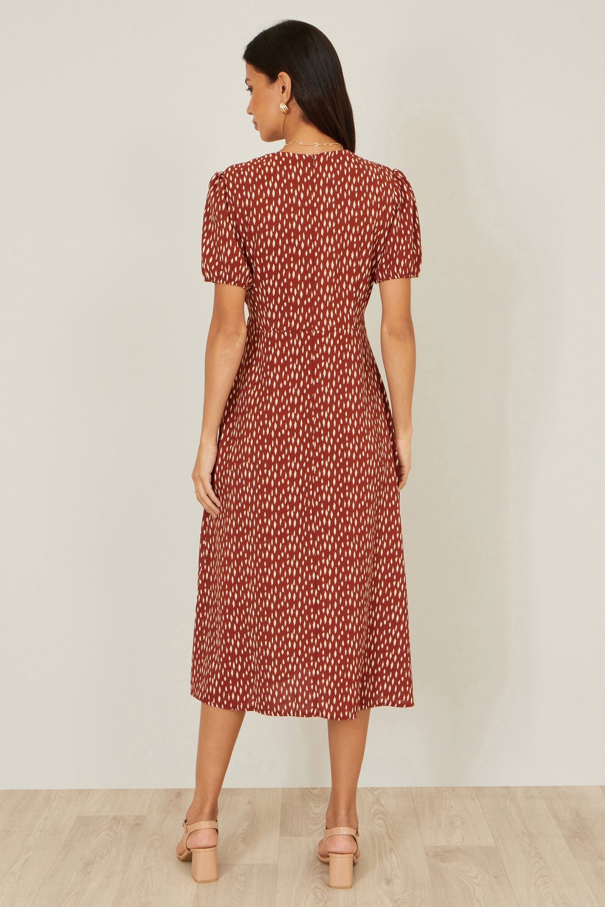 Yumi Brown Spot Wrap Midi Dress