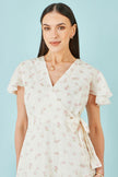 Yumi White Rose Print Wrap Over Frill Dress