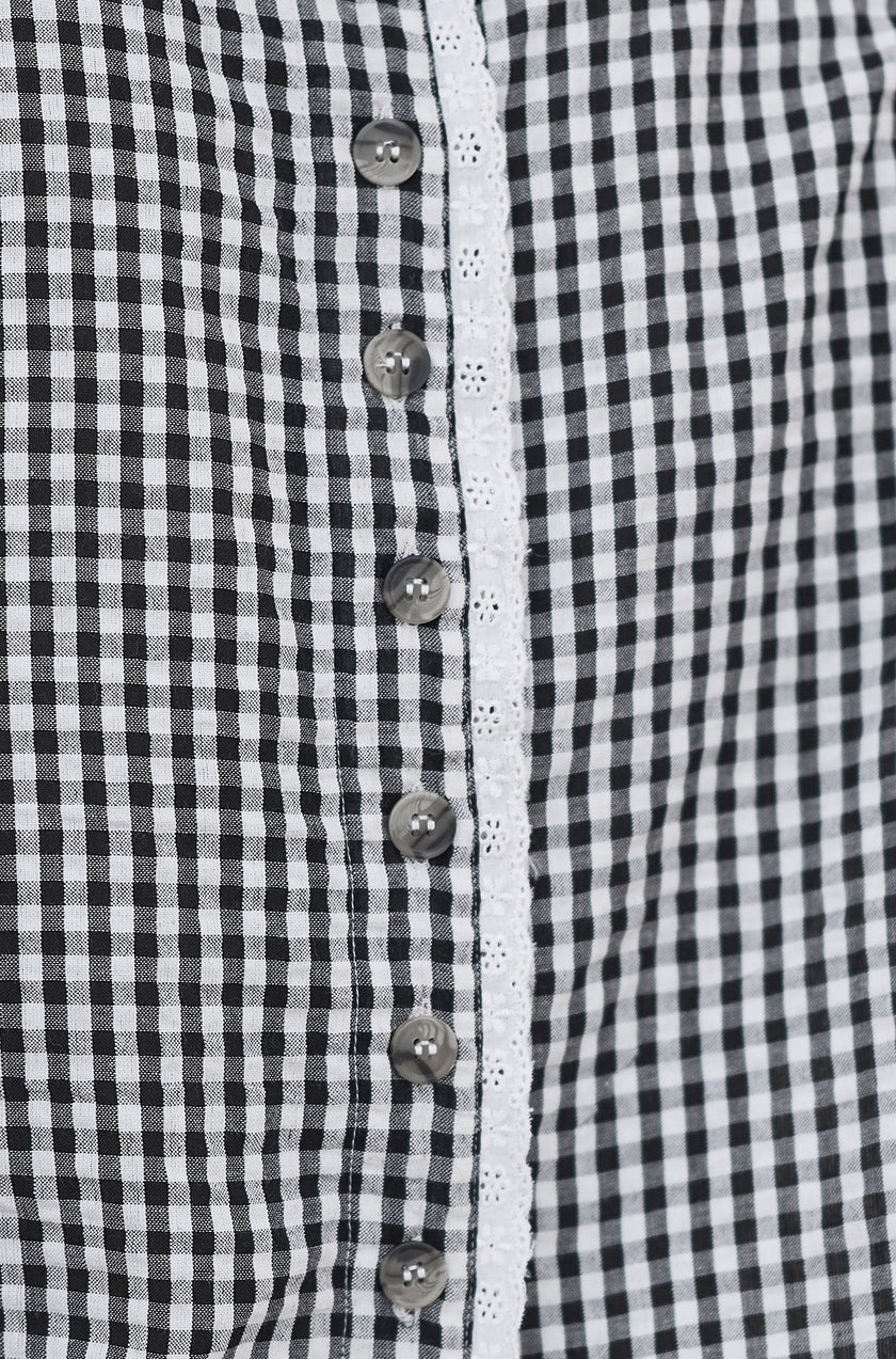 Yumi Black Gingham Cotton Top With Lace Trims
