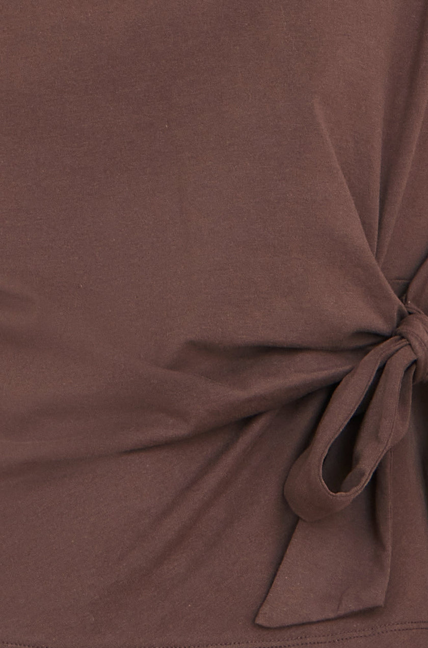 Yumi Brown Cotton Jersey Top With Knot Detail