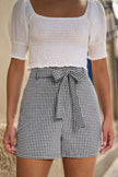 Yumi Black Cotton Gingham Tie Belt Shorts