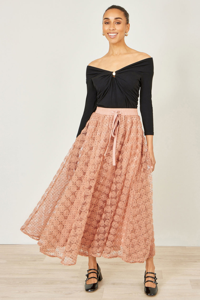 Yumi Blush Pink Spot And Rose Tulle Skirt