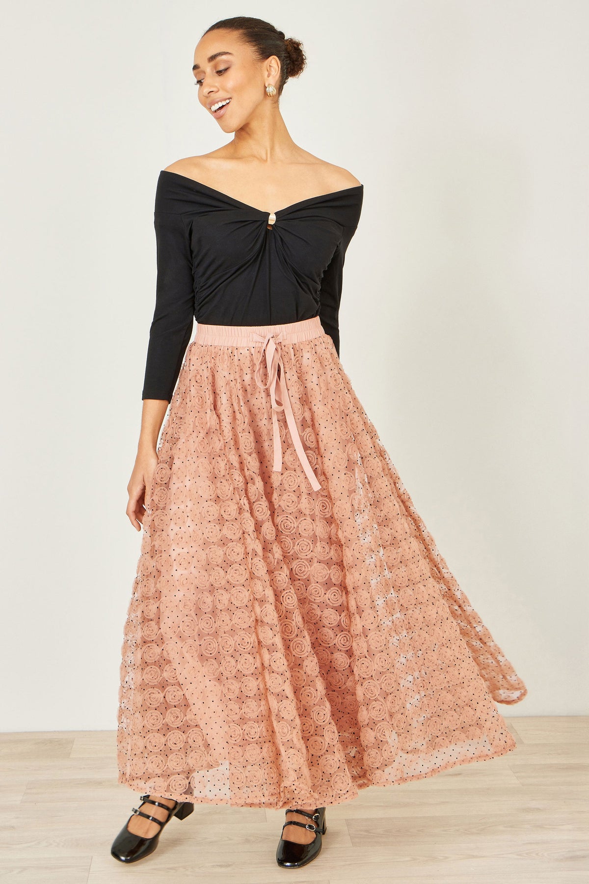 Yumi Blush Pink Spot And Rose Tulle Skirt