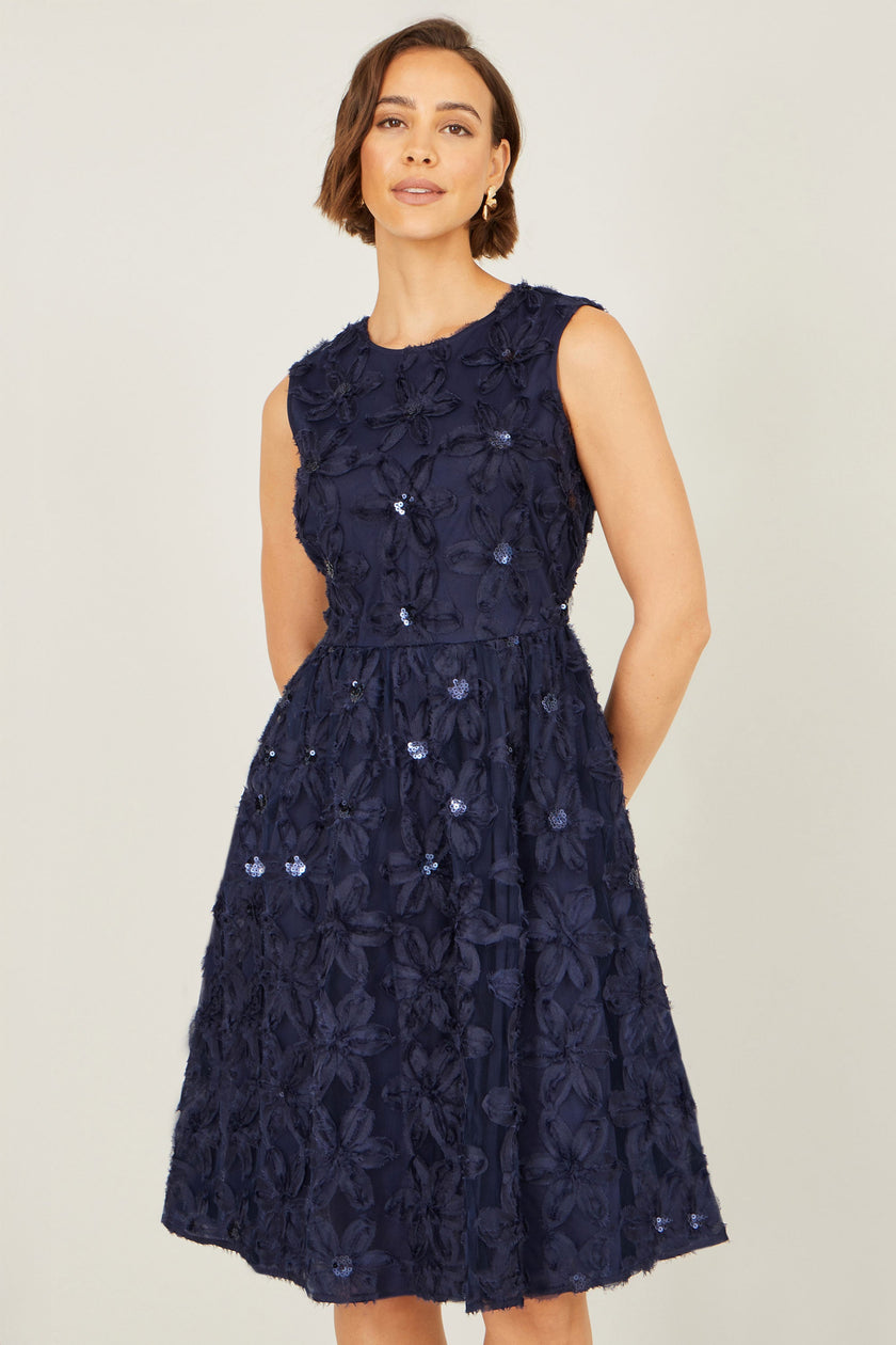 Yumi Navy Sequin Floral Applique Skater Dress