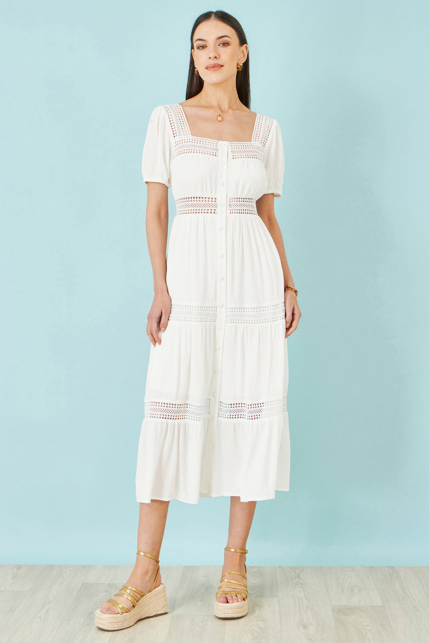 Yumi White Cotton Square Neckline Lace Midi Dress