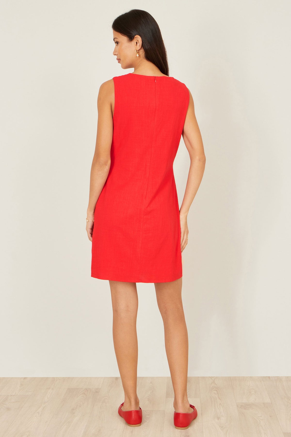 Yumi Red Viscose Button Detail Shift Dress