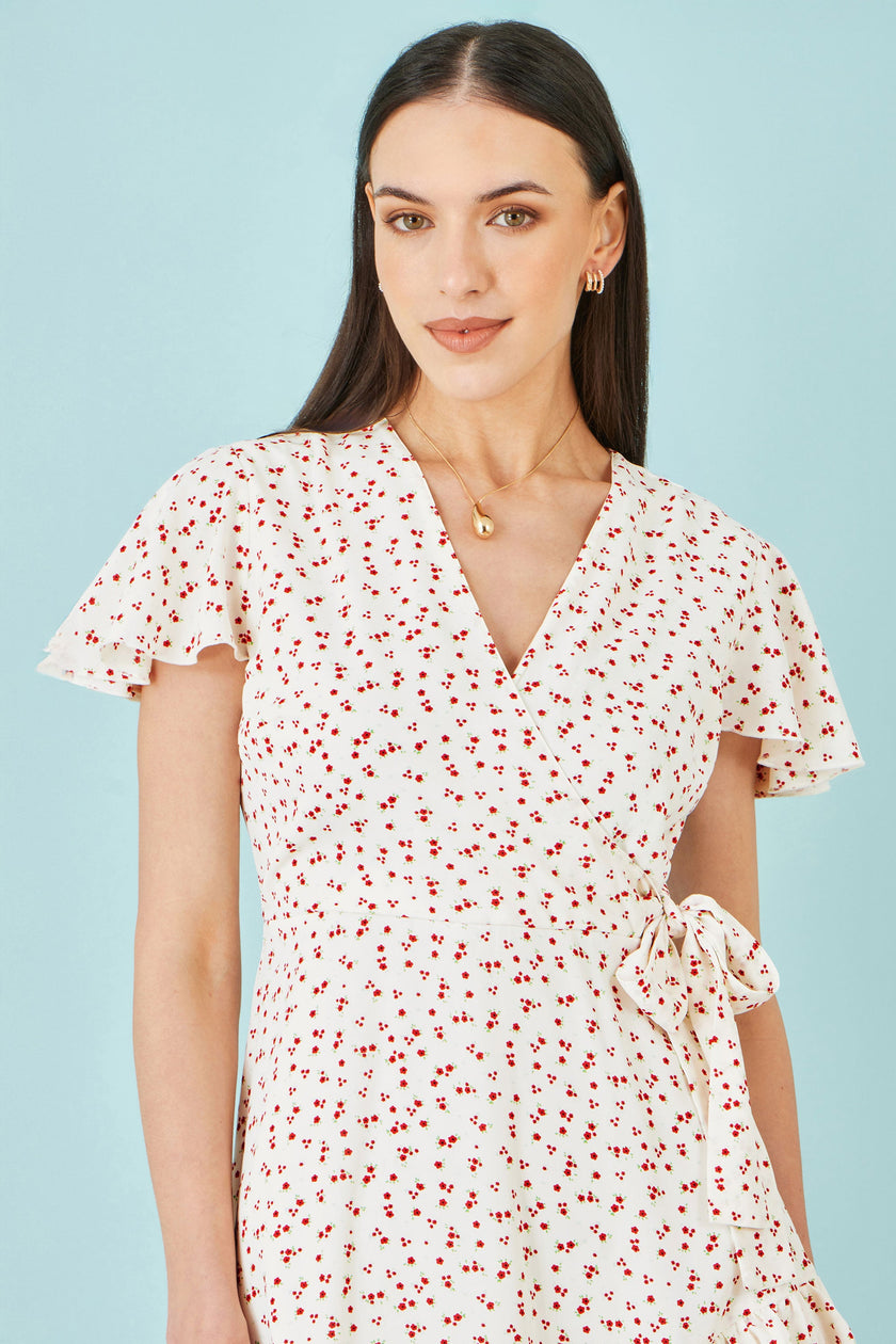 Yumi White Ditsy Print Frill Wrap Dress