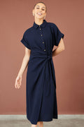 Yumi Navy Wrap Tie Midi Shirt Dress