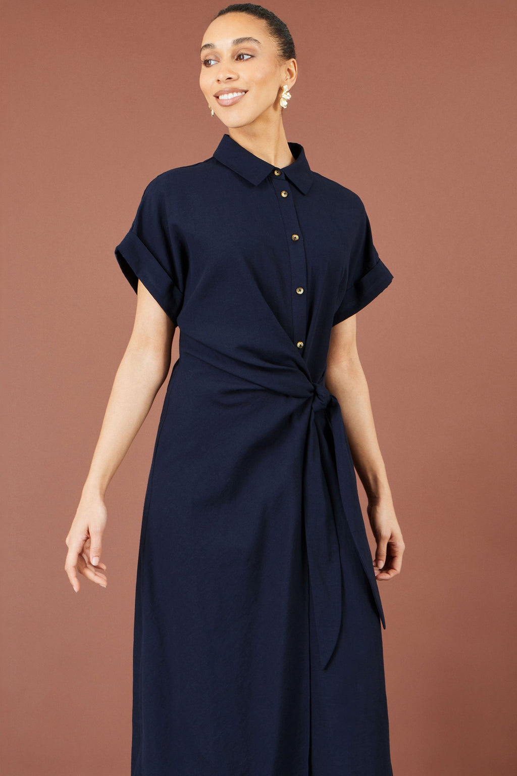 Yumi Navy Wrap Tie Midi Shirt Dress