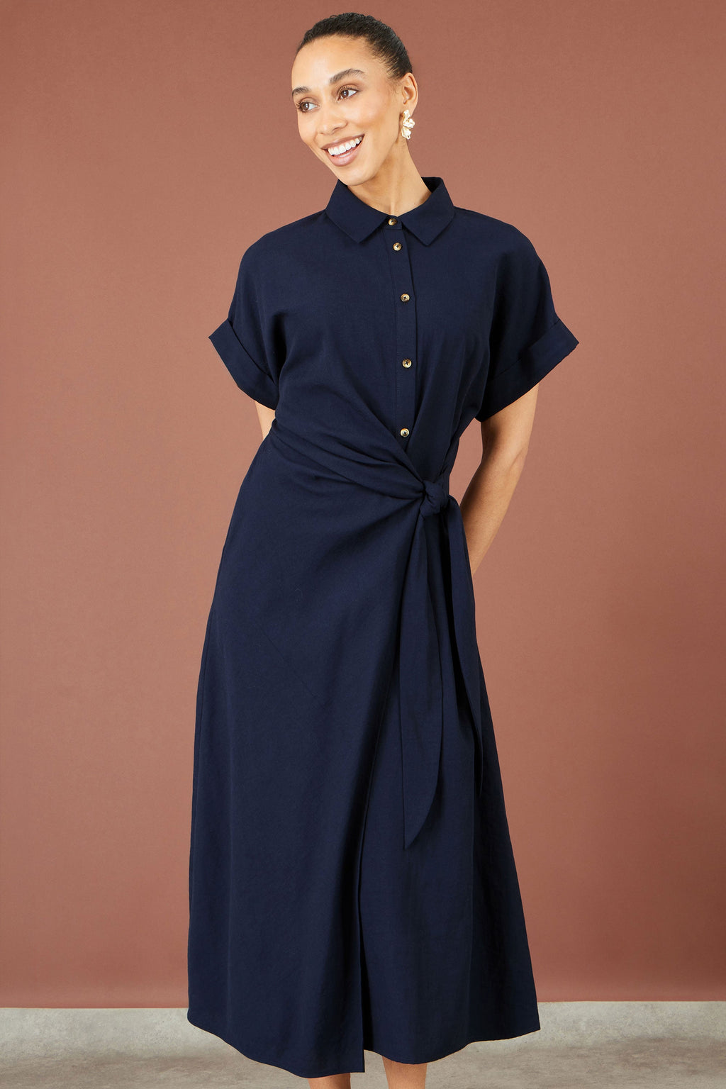 Yumi Navy Wrap Tie Midi Shirt Dress