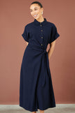 Yumi Navy Wrap Tie Midi Shirt Dress