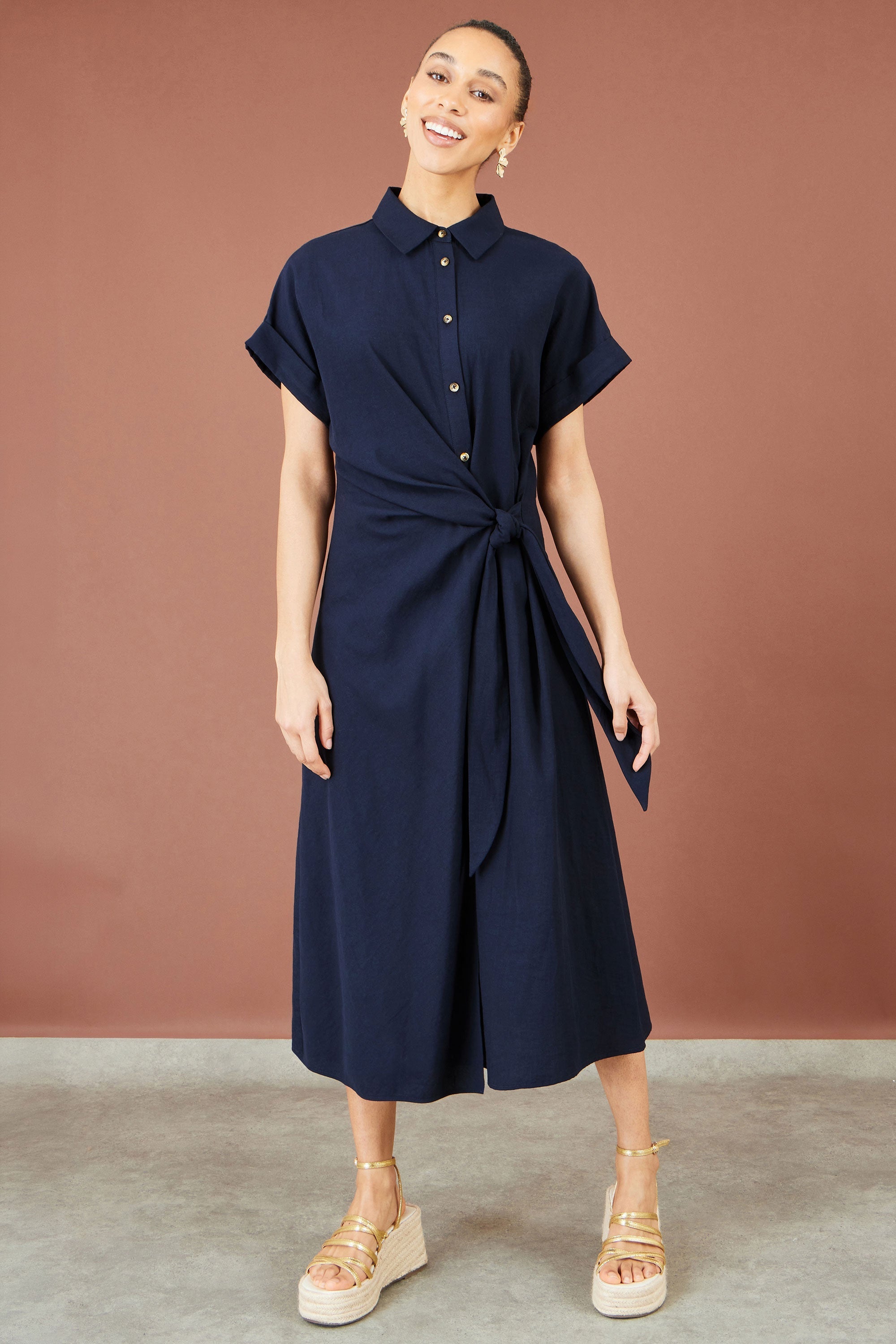Yumi Navy Wrap Tie Midi Shirt Dress