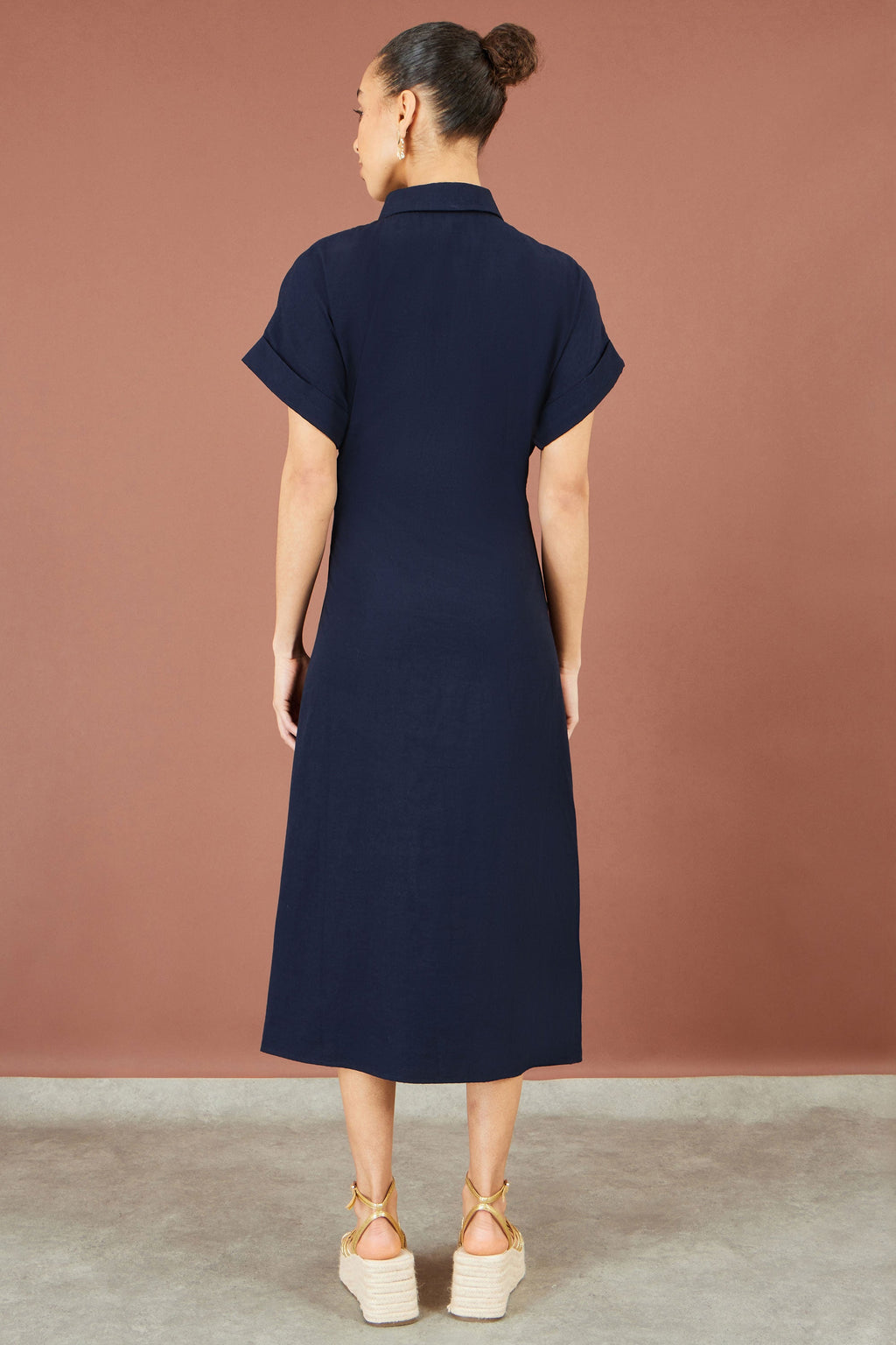 Yumi Navy Wrap Tie Midi Shirt Dress