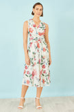 Yumi Ivory Blurred Floral Print Mesh Stretch Midi Dress With Pockets