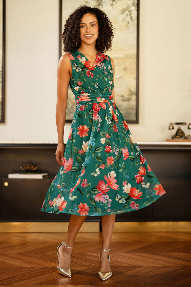 Yumi Green Blurred Floral Print Mesh Stretch Midi Dress With Pockets