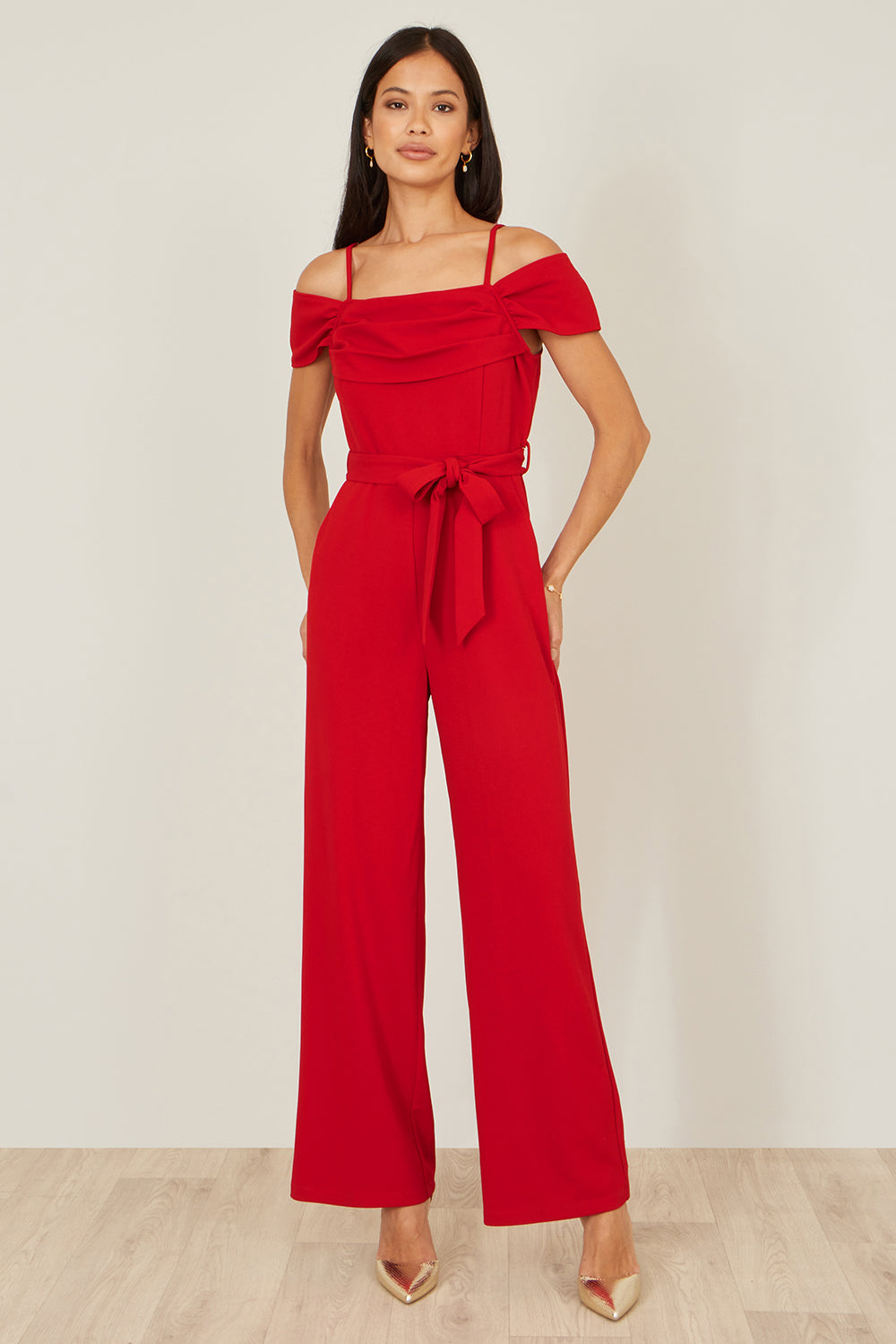 Yumi Red Stretch Bardot Jumpsuit