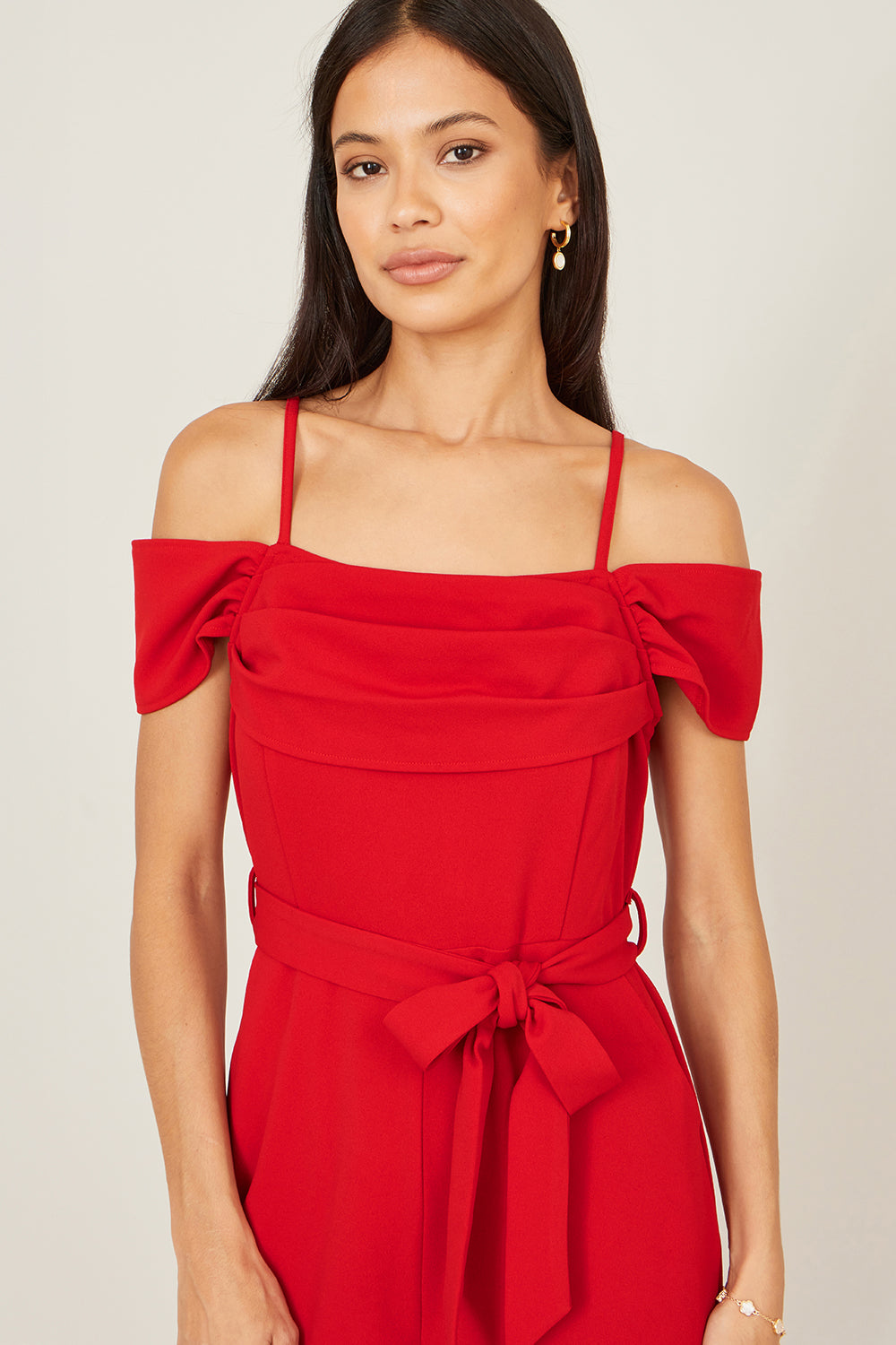 Yumi Red Stretch Bardot Jumpsuit