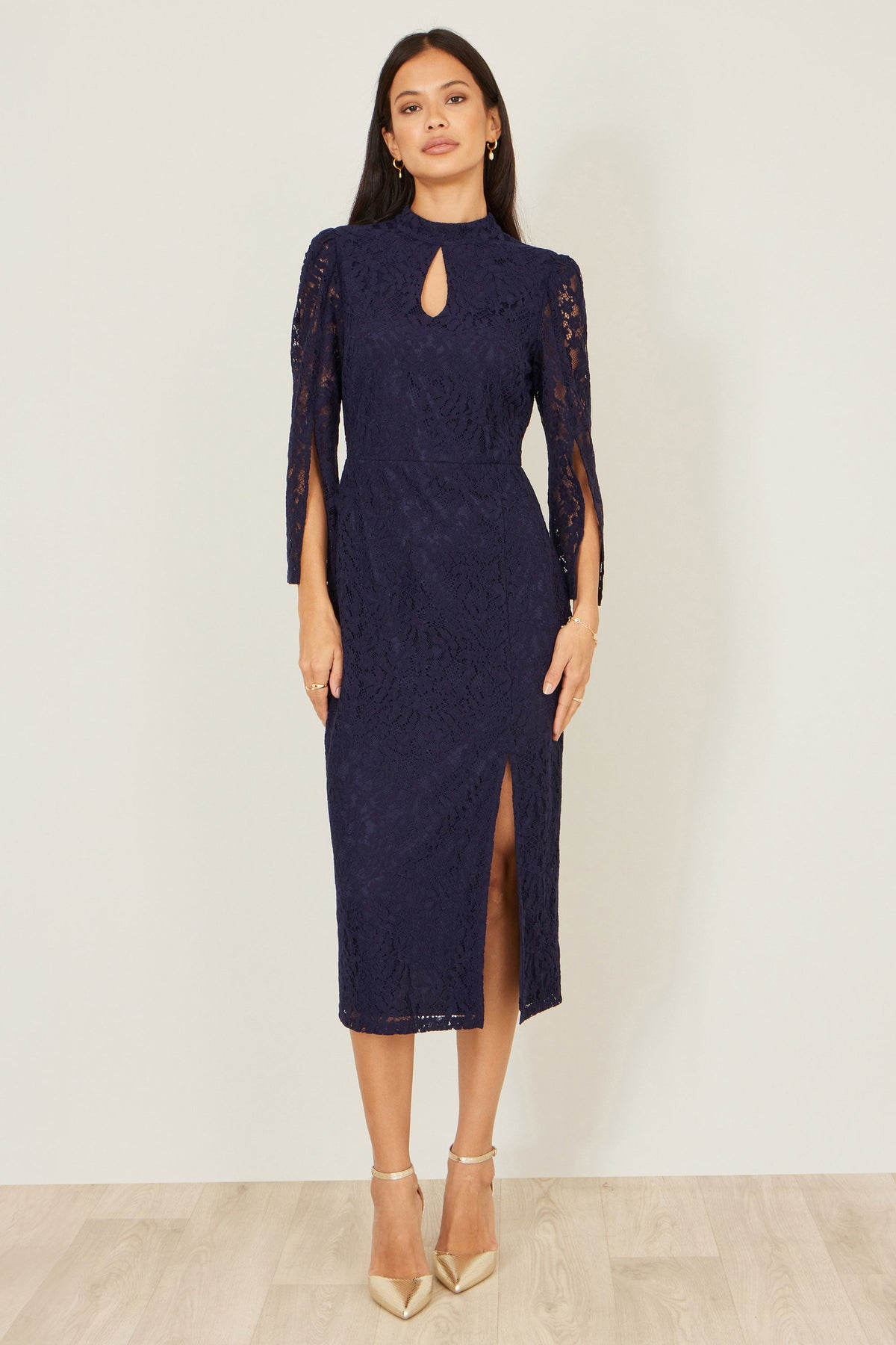 Yumi Navy Lace Fitted Midi Dress With Flute Sleeves