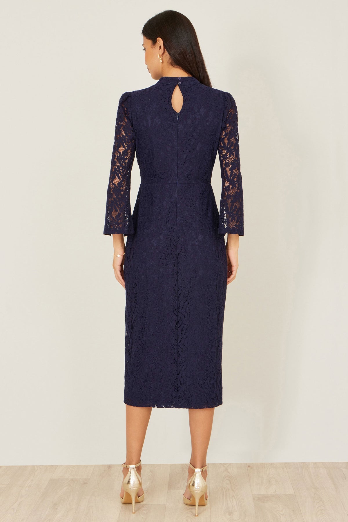 Yumi Navy Lace Fitted Midi Dress With Flute Sleeves